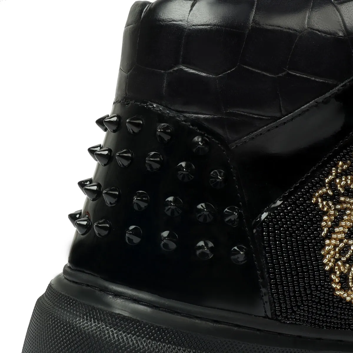 Patent Deep Cut Leather Sneakers for Men's with Black and Golden Rhinestone Beads Zardosi by Brune & Bareskin