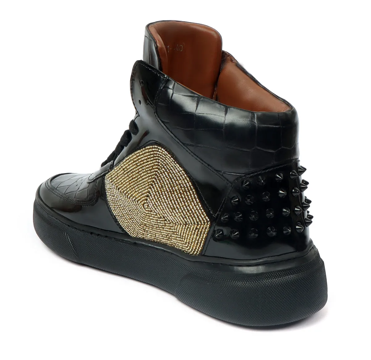 Patent Deep Cut Leather Sneakers for Men's with Black and Golden Rhinestone Beads Zardosi by Brune & Bareskin