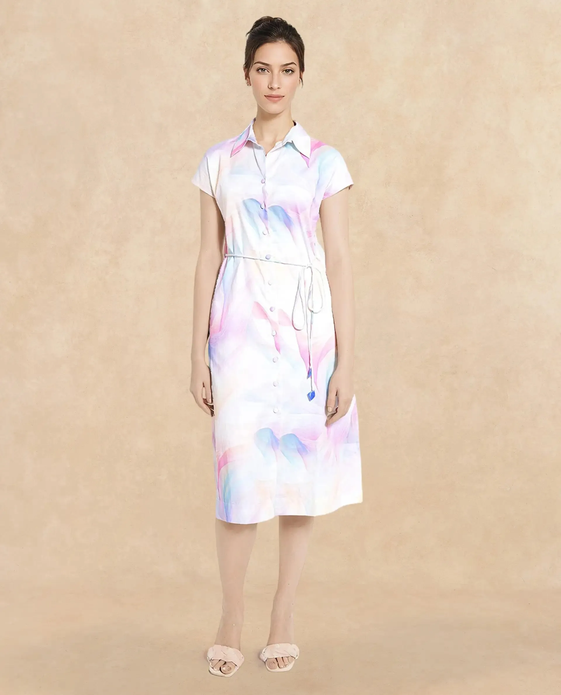 Rareism Women Erlong Multi Cotton Satin Fabric Short Sleeve Collared Neck Button Closure A-Line Midi Abstract Print Dress