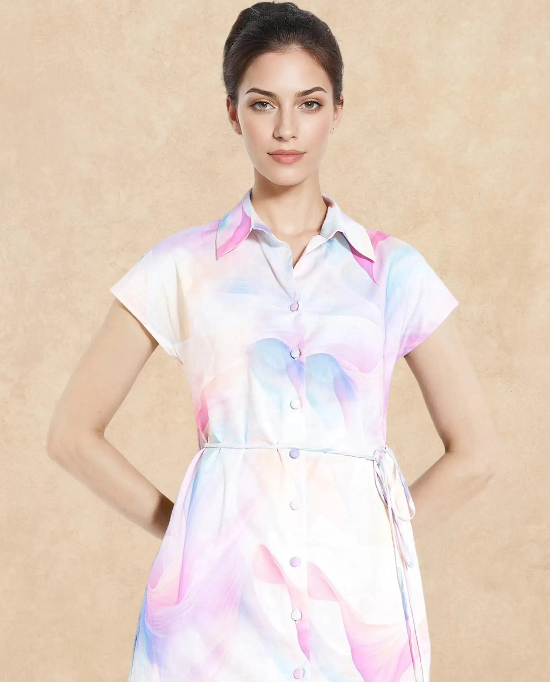 Rareism Women Erlong Multi Cotton Satin Fabric Short Sleeve Collared Neck Button Closure A-Line Midi Abstract Print Dress