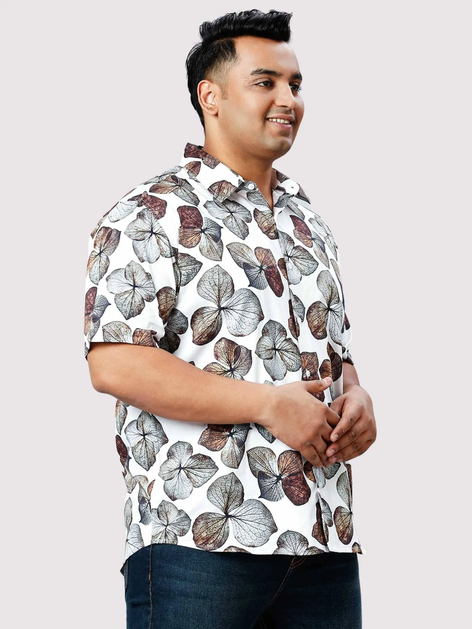 Rosy Leaf Digital Printed Half Sleeve Shirt Men's Plus Size