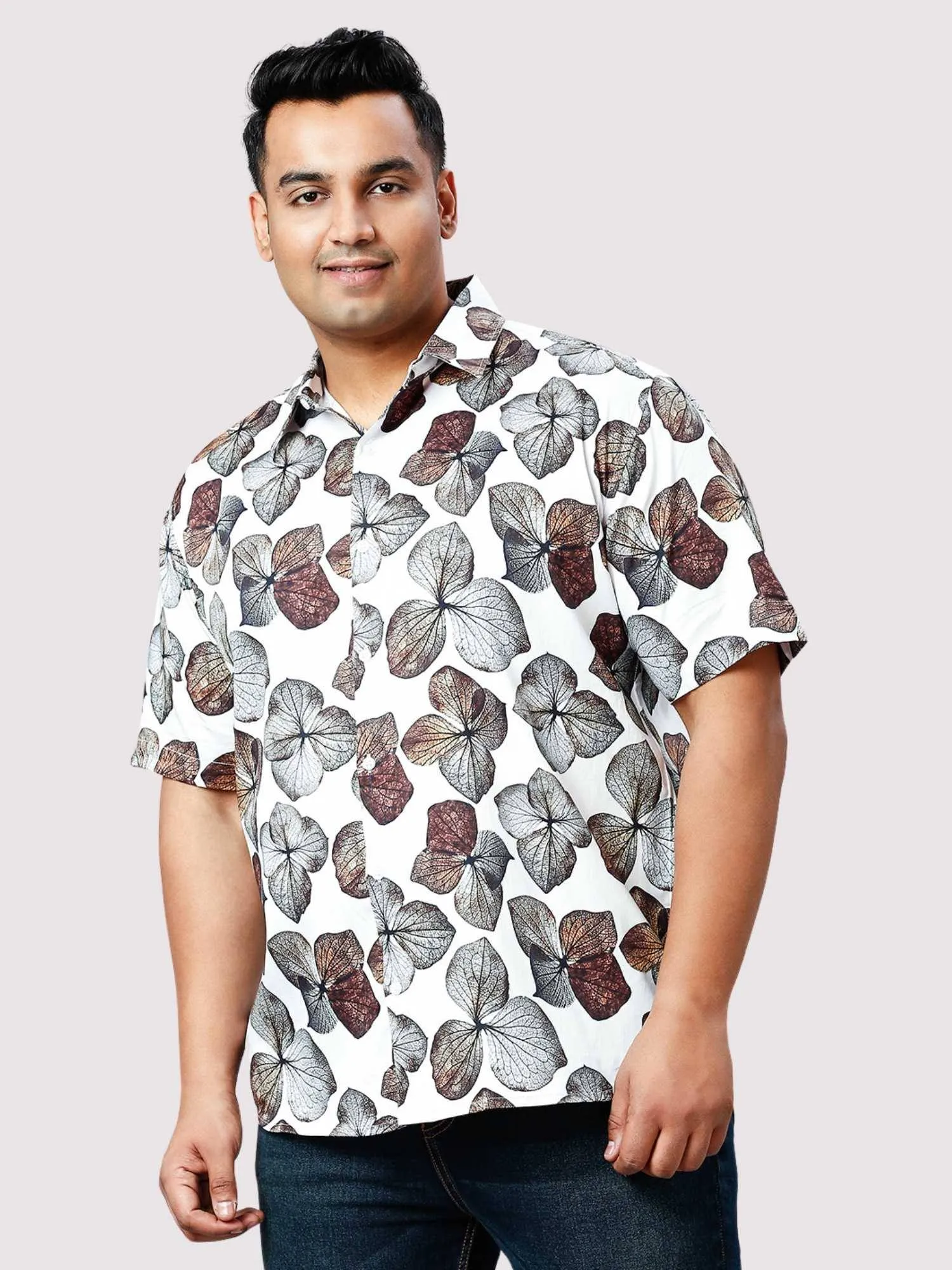 Rosy Leaf Digital Printed Half Sleeve Shirt Men's Plus Size