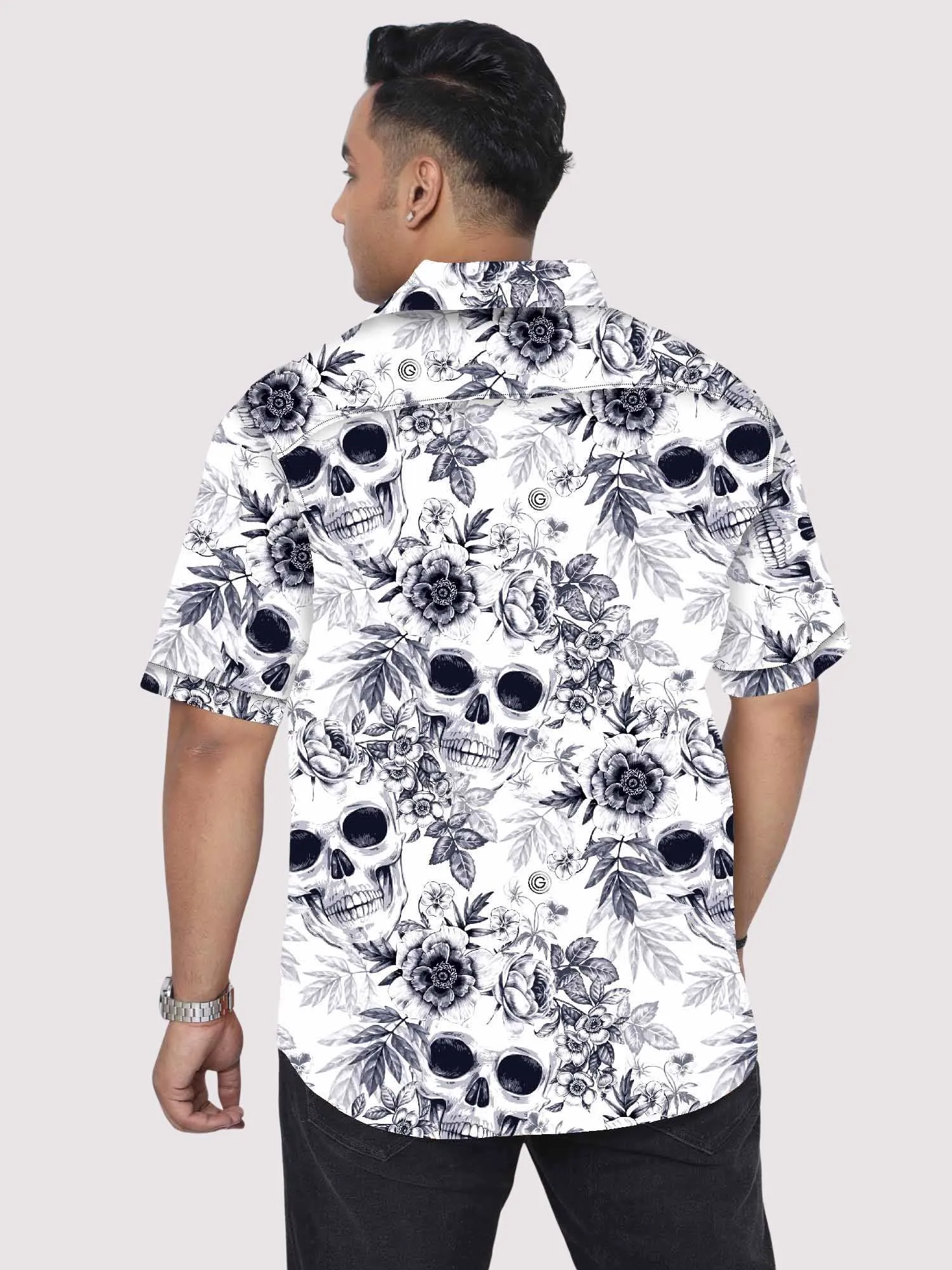 Skulls and Flowers Digital Printed Half Sleeve Shirt Men's Plus Size