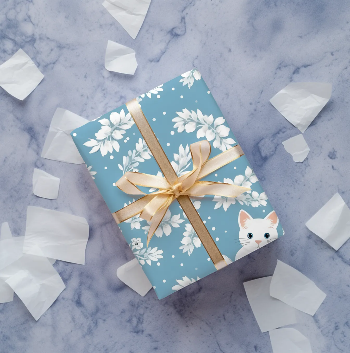 Snow White Cat and Floral Print Gift Wrap | New Arrival | Personalized Floral Gift Wrap for Birthdays, Weddings & Special Occasions