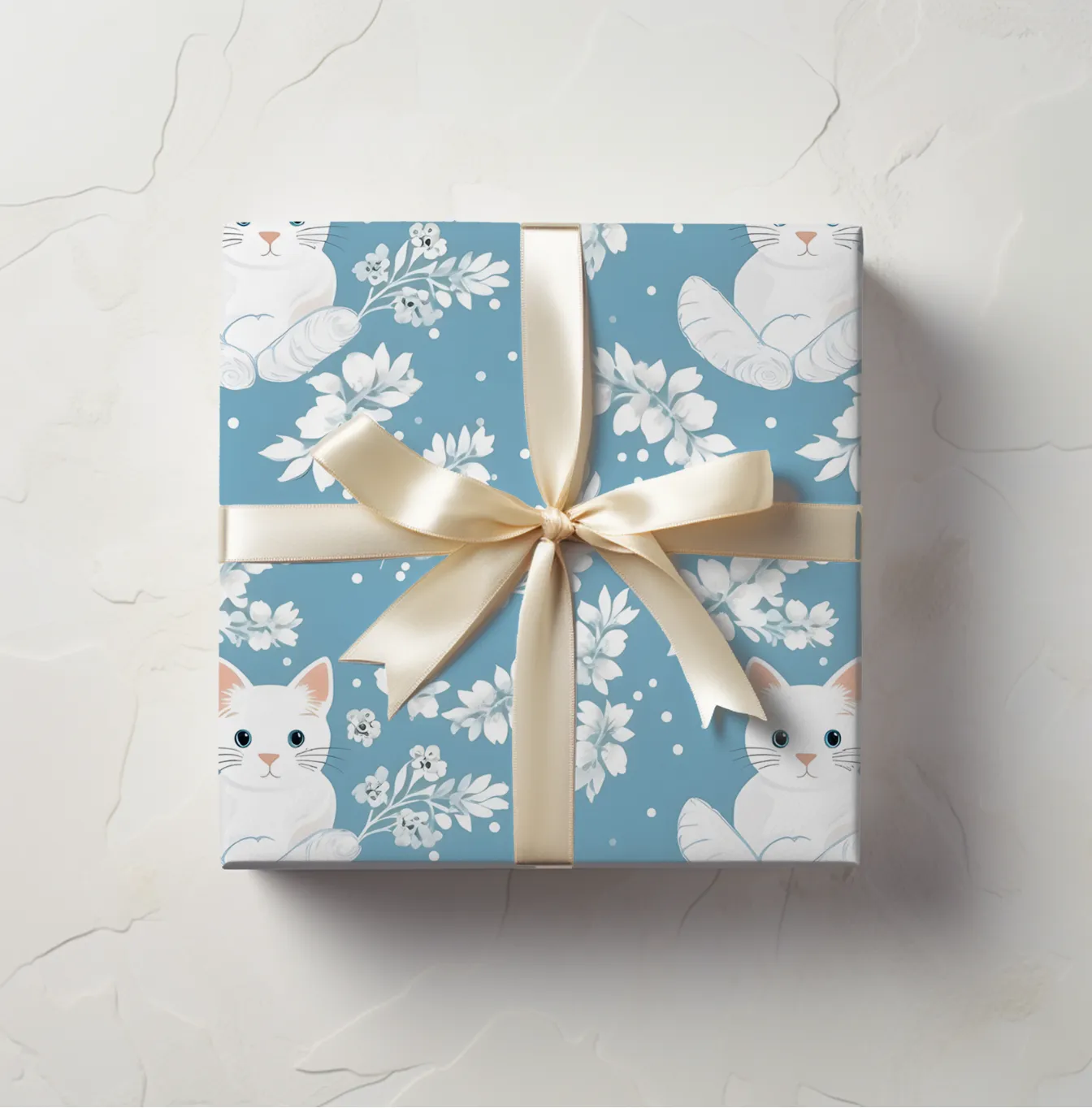 Snow White Cat and Floral Print Gift Wrap | New Arrival | Personalized Floral Gift Wrap for Birthdays, Weddings & Special Occasions