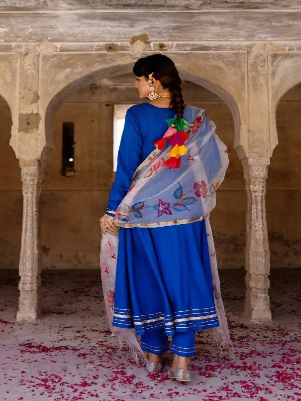 Solid Blue Anarkali Kurta Set With Painted Organza Dupatta