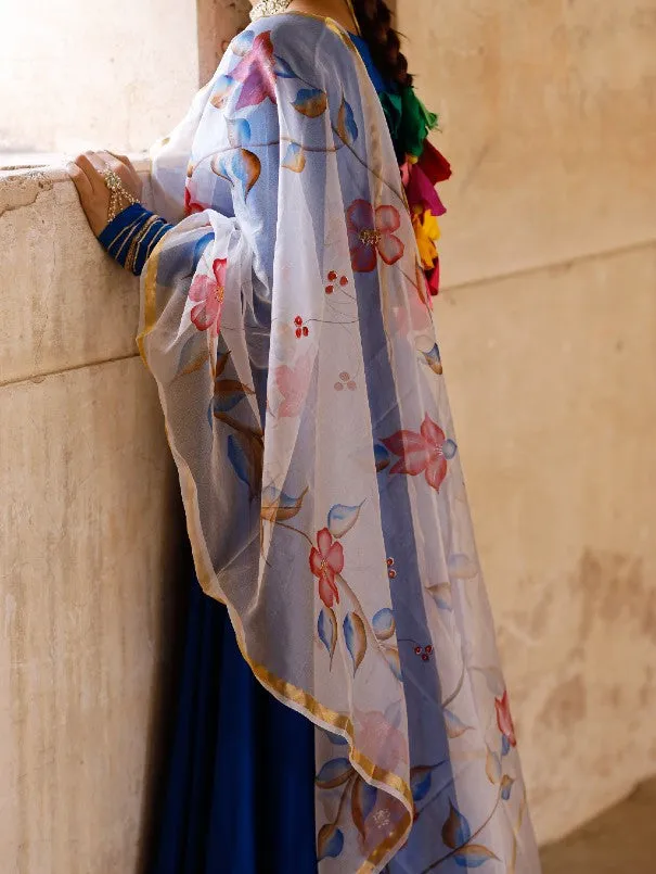 Solid Blue Anarkali Kurta Set With Painted Organza Dupatta