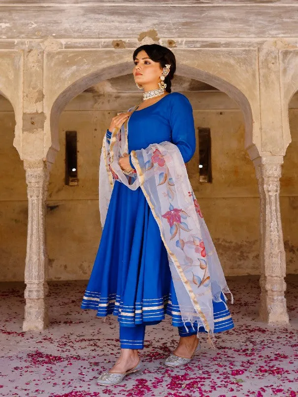 Solid Blue Anarkali Kurta Set With Painted Organza Dupatta