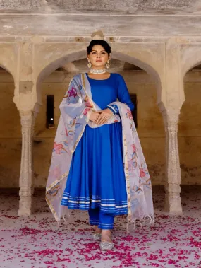 Solid Blue Anarkali Kurta Set With Painted Organza Dupatta