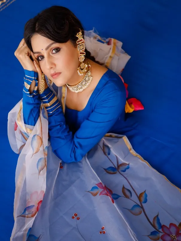 Solid Blue Anarkali Kurta Set With Painted Organza Dupatta