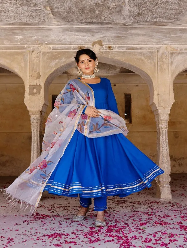 Solid Blue Anarkali Kurta Set With Painted Organza Dupatta