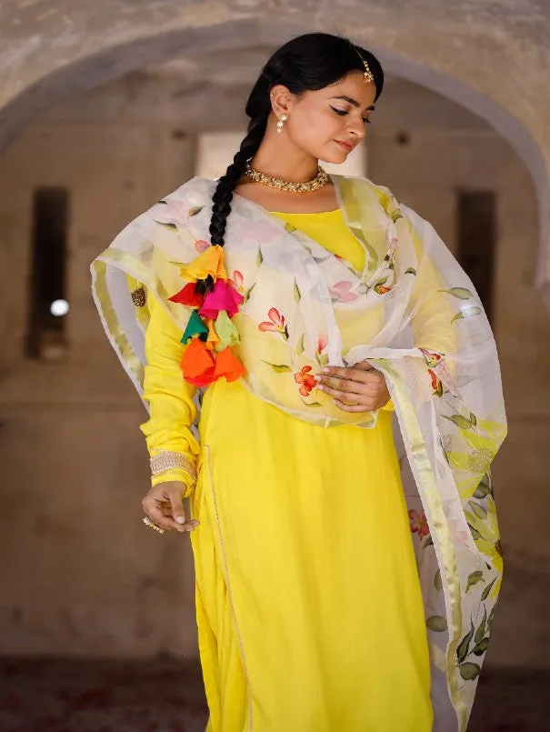 Solid Yellow Kurta Set With Painted Organza Dupatta (Set of 3)