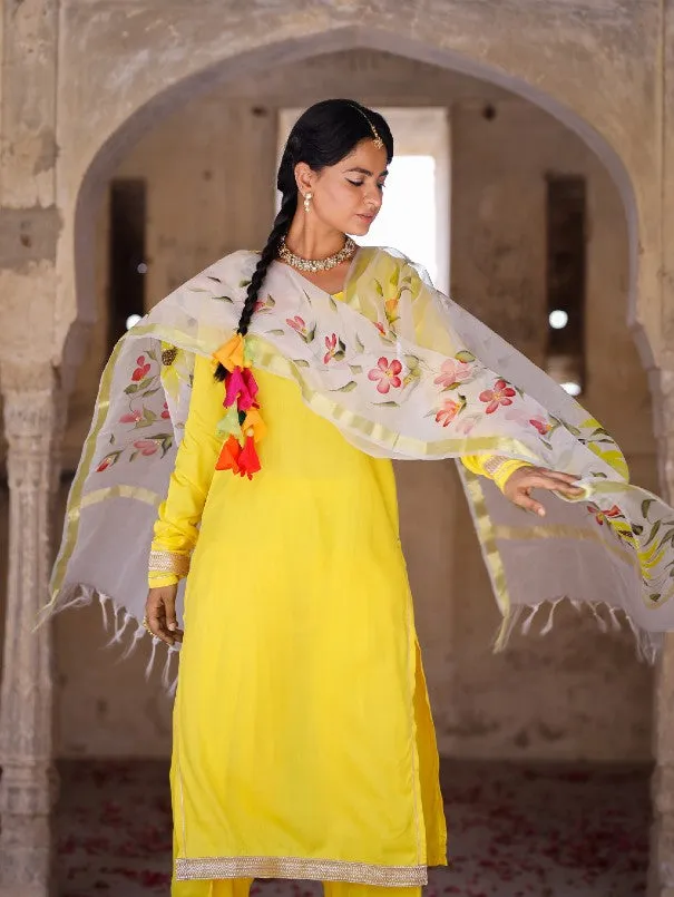 Solid Yellow Kurta Set With Painted Organza Dupatta (Set of 3)