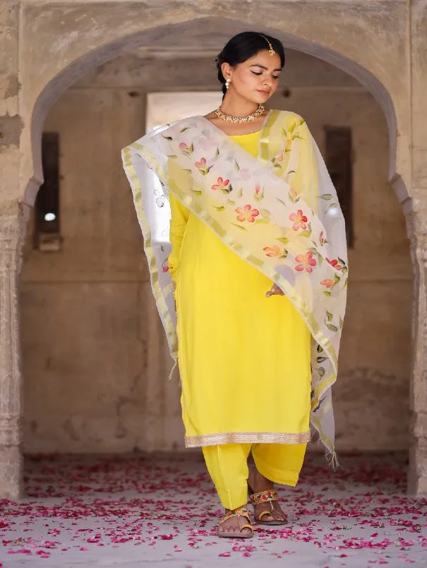 Solid Yellow Kurta Set With Painted Organza Dupatta (Set of 3)