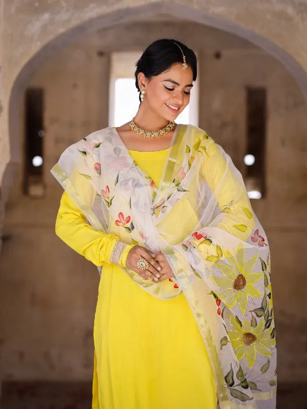 Solid Yellow Kurta Set With Painted Organza Dupatta (Set of 3)