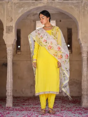 Solid Yellow Kurta Set With Painted Organza Dupatta (Set of 3)