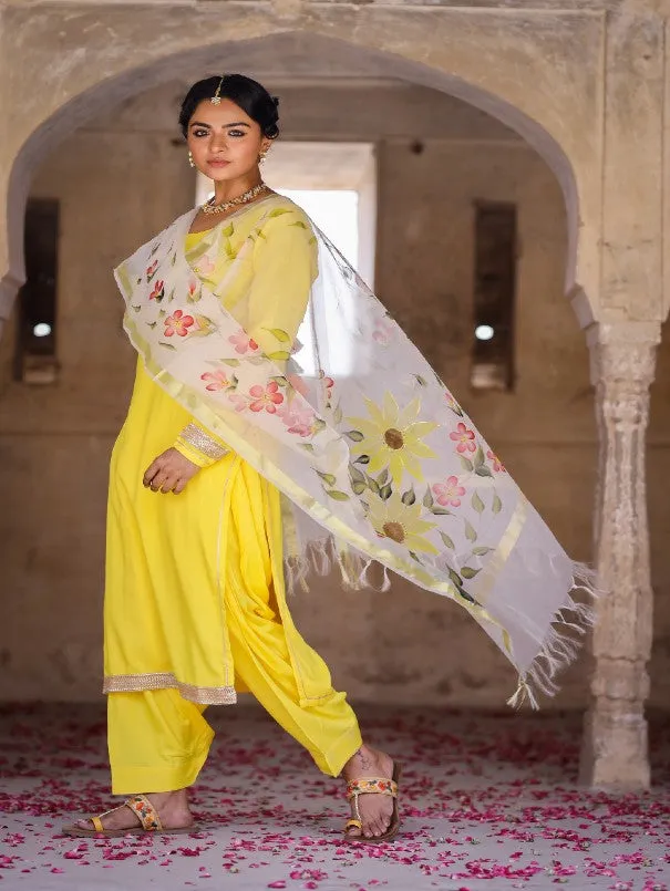 Solid Yellow Kurta Set With Painted Organza Dupatta (Set of 3)