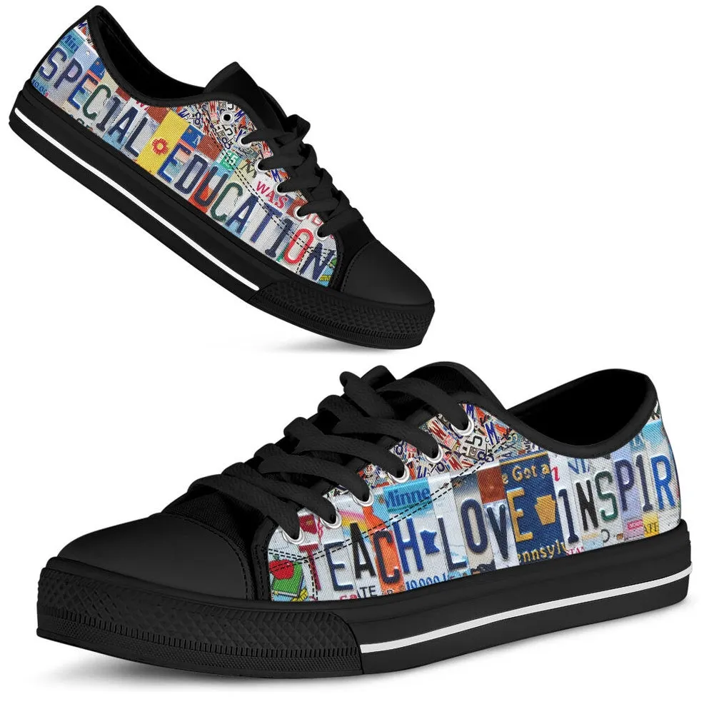 Special Education License Plates Low Top Black Shoes, Teacher Shoes, Low Top Sneakers