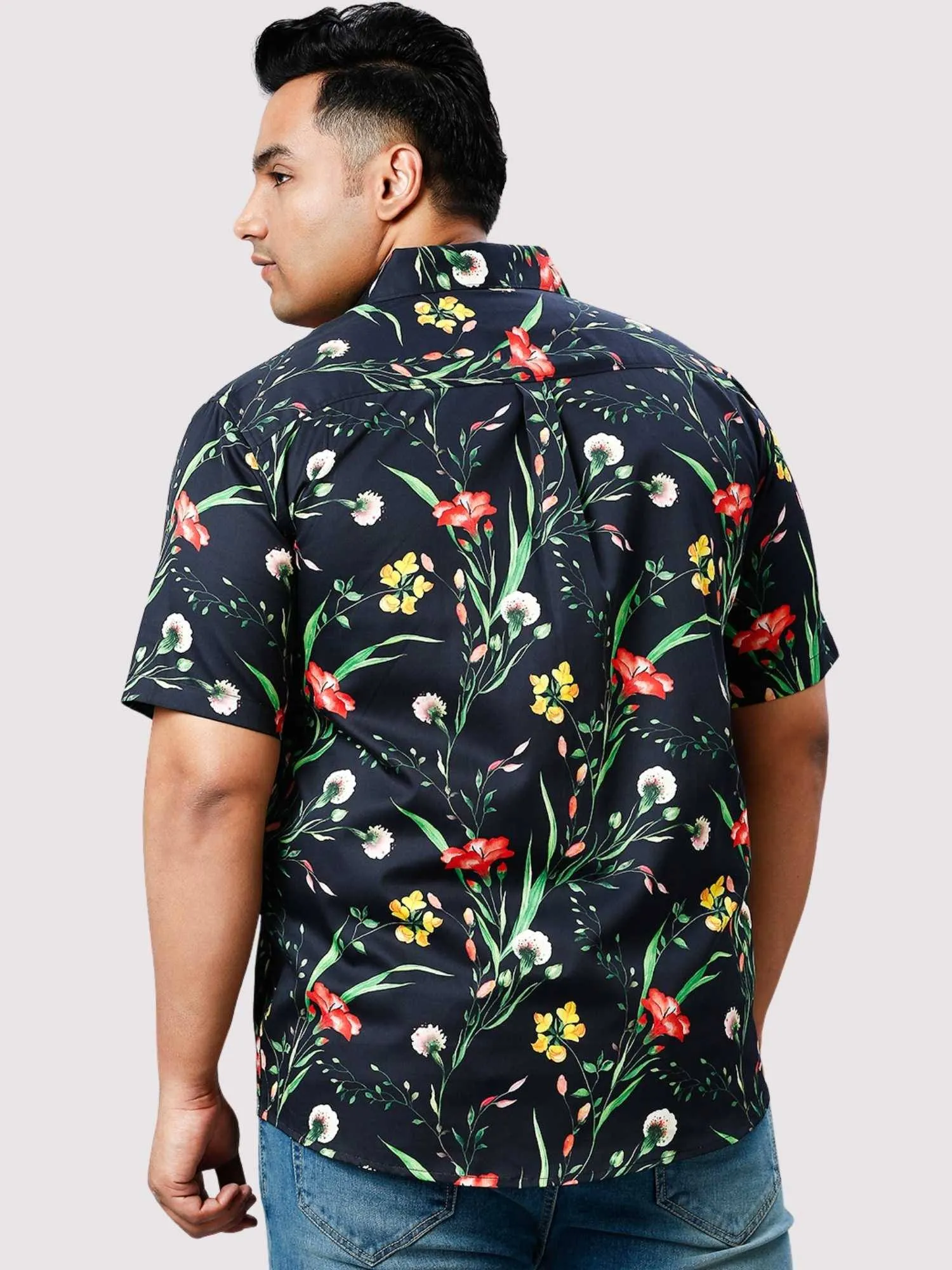 Spring Flowers Digital Printed Half Sleeve Shirt Men's Plus Size