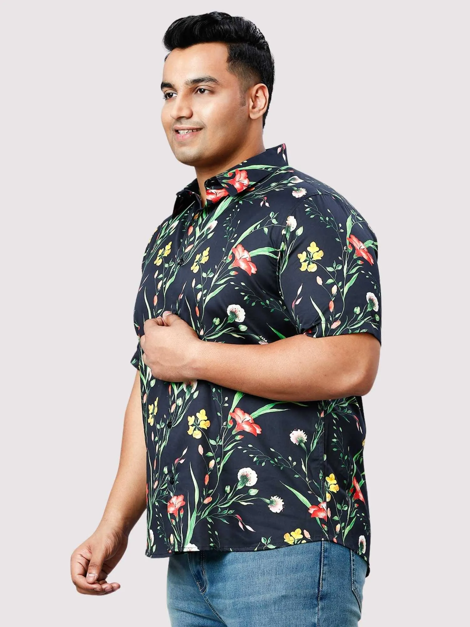 Spring Flowers Digital Printed Half Sleeve Shirt Men's Plus Size