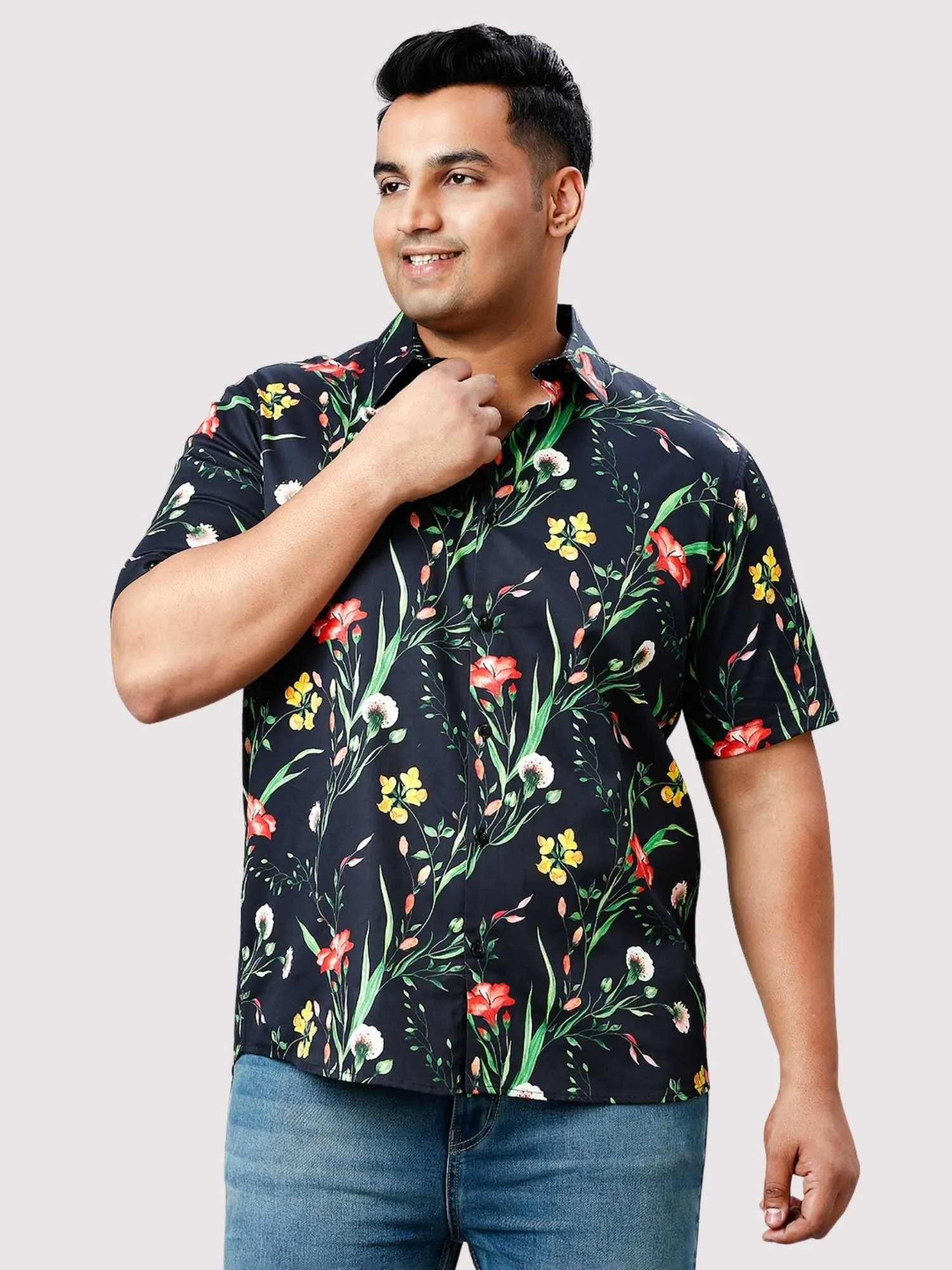 Spring Flowers Digital Printed Half Sleeve Shirt Men's Plus Size