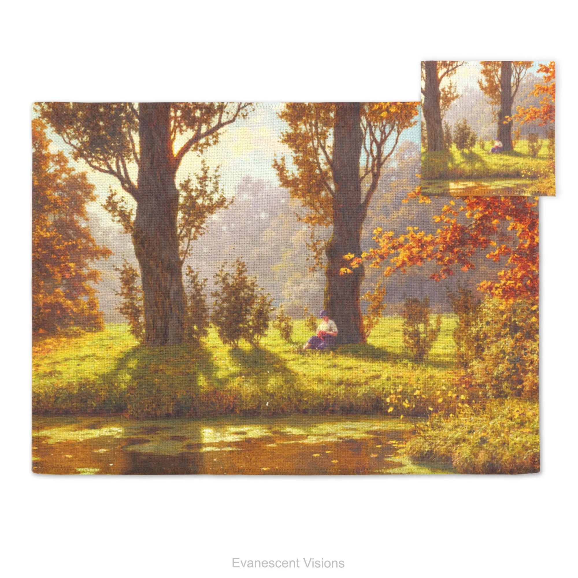 Sunny Woodland Landscape Artistic Fabric Placemat and Coasters