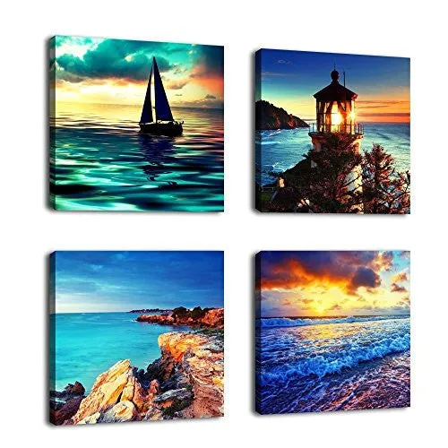 SUNSET SEASCAPE WALL ART DECOR CANVAS PRINTS CONTEMPORARY PAINTING FRAMED READY TO HANG 4 PANELS MODERN OCEAN ARTWORKS GICLEE PICTURES SEA WAVE BEACH LIGHTHOUSE COASTLINE FOR HOME BEDROOM DECORATION