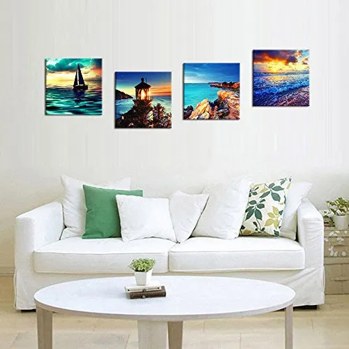 SUNSET SEASCAPE WALL ART DECOR CANVAS PRINTS CONTEMPORARY PAINTING FRAMED READY TO HANG 4 PANELS MODERN OCEAN ARTWORKS GICLEE PICTURES SEA WAVE BEACH LIGHTHOUSE COASTLINE FOR HOME BEDROOM DECORATION