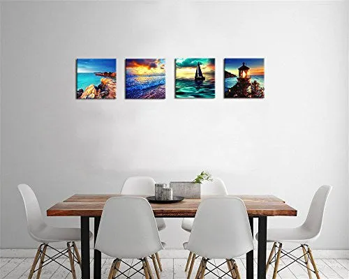 SUNSET SEASCAPE WALL ART DECOR CANVAS PRINTS CONTEMPORARY PAINTING FRAMED READY TO HANG 4 PANELS MODERN OCEAN ARTWORKS GICLEE PICTURES SEA WAVE BEACH LIGHTHOUSE COASTLINE FOR HOME BEDROOM DECORATION