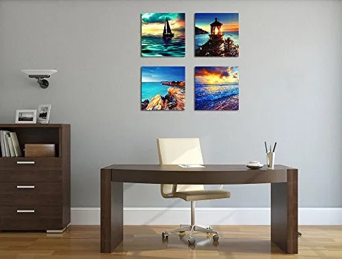 SUNSET SEASCAPE WALL ART DECOR CANVAS PRINTS CONTEMPORARY PAINTING FRAMED READY TO HANG 4 PANELS MODERN OCEAN ARTWORKS GICLEE PICTURES SEA WAVE BEACH LIGHTHOUSE COASTLINE FOR HOME BEDROOM DECORATION