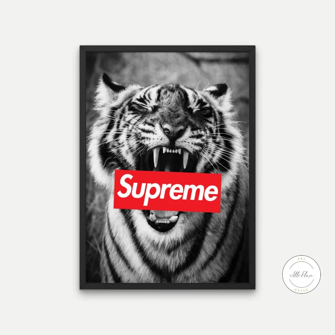 Supreme Tiger Poster Black And White Wall Art INSTANT DOWNLOAD Art Print, Hypebeast, Streetwear Art, Pop Culture Wall Art, Sporty Designer Prints, Tiger Head