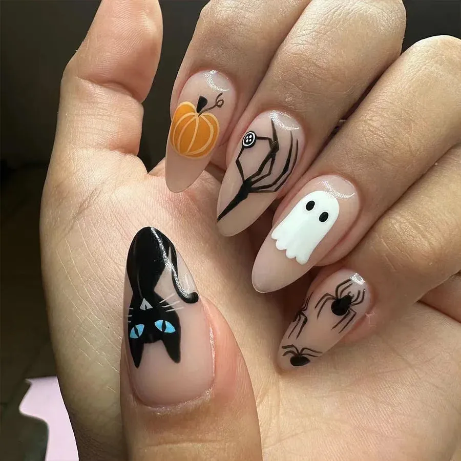 Toleet-Helloween sminken 24Pcs Horror Comic Tomie Press on Nails Almond Glossy Black Japanese Anime Nails Reusable Halloween False Nail Tips for Girls