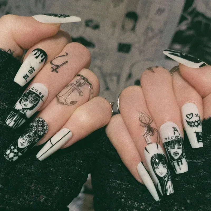 Toleet-Helloween sminken 24Pcs Horror Comic Tomie Press on Nails Almond Glossy Black Japanese Anime Nails Reusable Halloween False Nail Tips for Girls