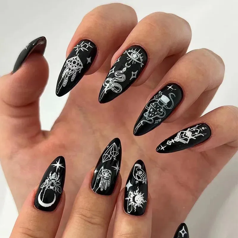 Toleet-Helloween sminken 24Pcs Horror Comic Tomie Press on Nails Almond Glossy Black Japanese Anime Nails Reusable Halloween False Nail Tips for Girls