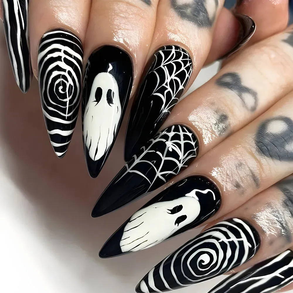 Toleet-Helloween sminken 24Pcs Horror Comic Tomie Press on Nails Almond Glossy Black Japanese Anime Nails Reusable Halloween False Nail Tips for Girls