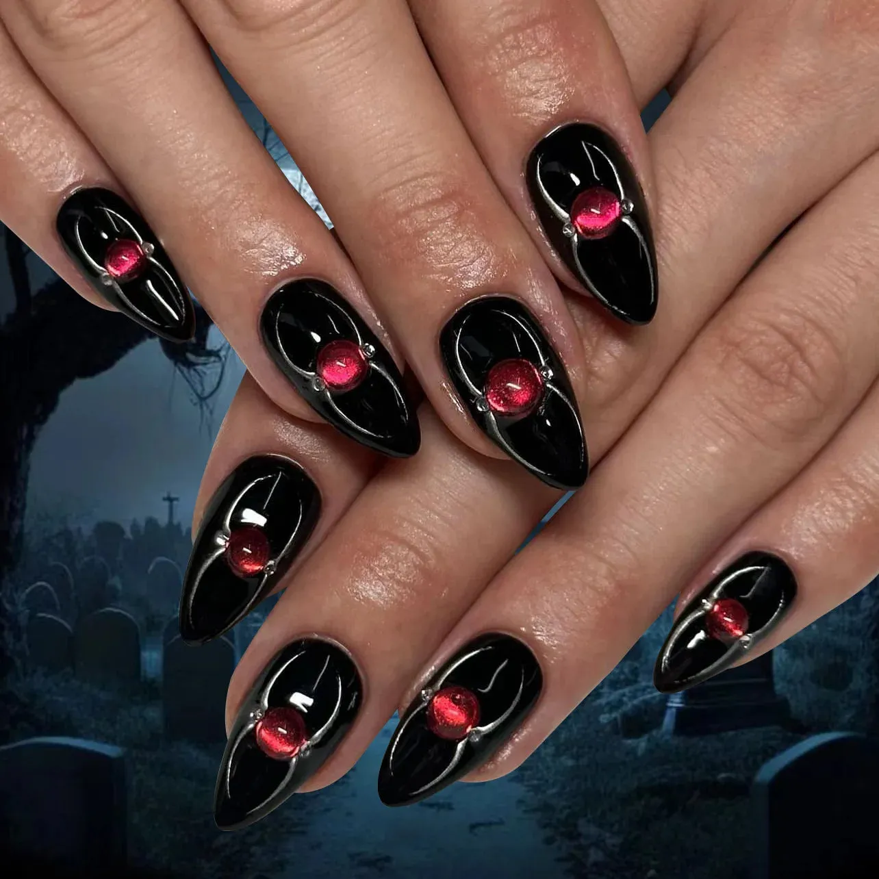 Wenkouban-Helloween sminken 24Pcs Horror Comic Tomie Press on Nails Almond Glossy Black Japanese Anime Nails Reusable Halloween False Nail Tips for Girls