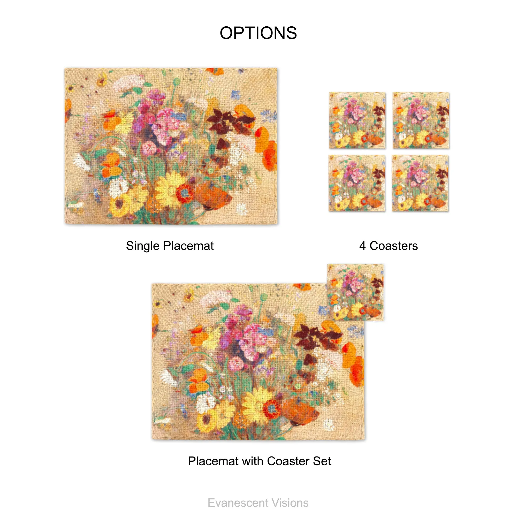 Wildflower Bouquet Floral Fabric Placemat and Coasters