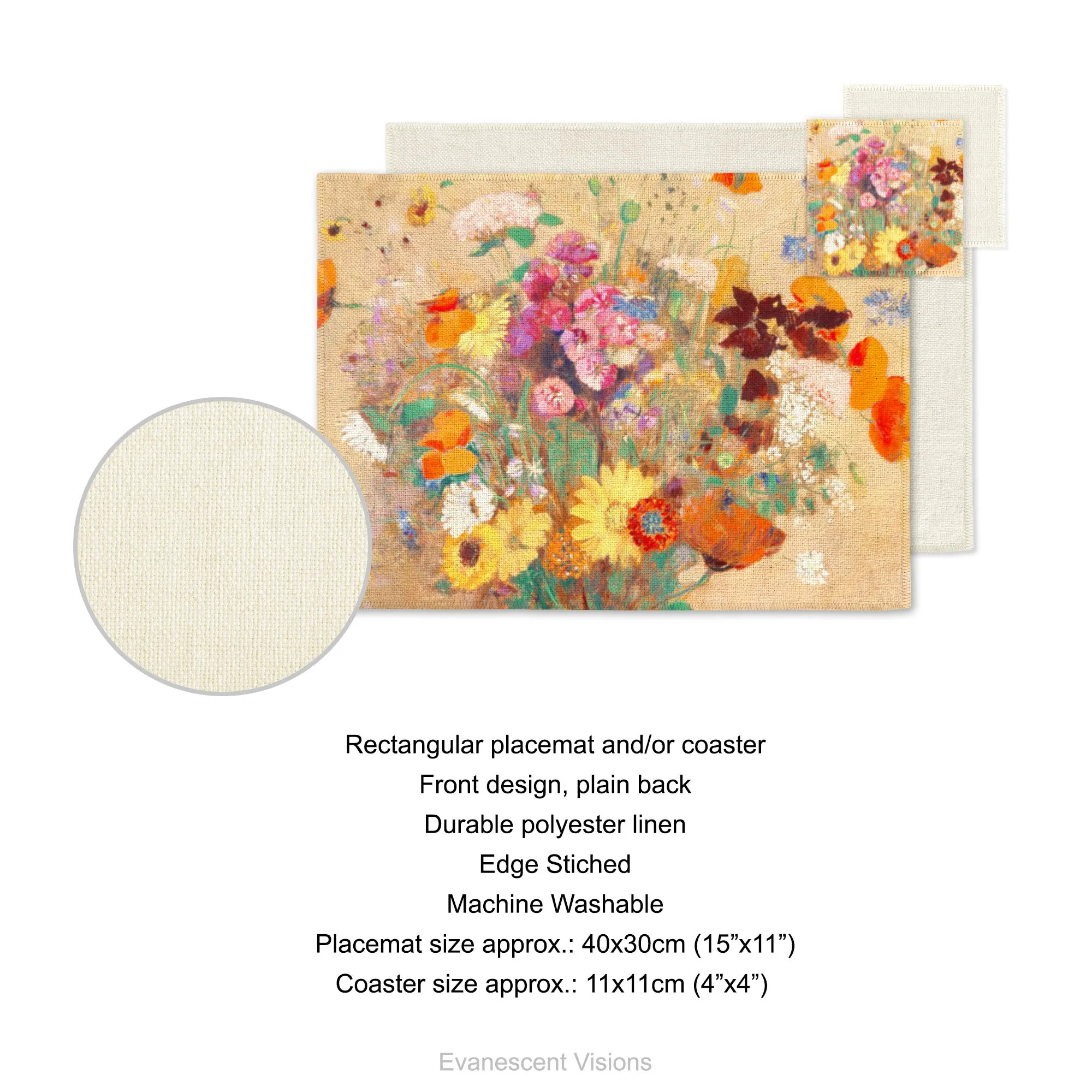 Wildflower Bouquet Floral Fabric Placemat and Coasters