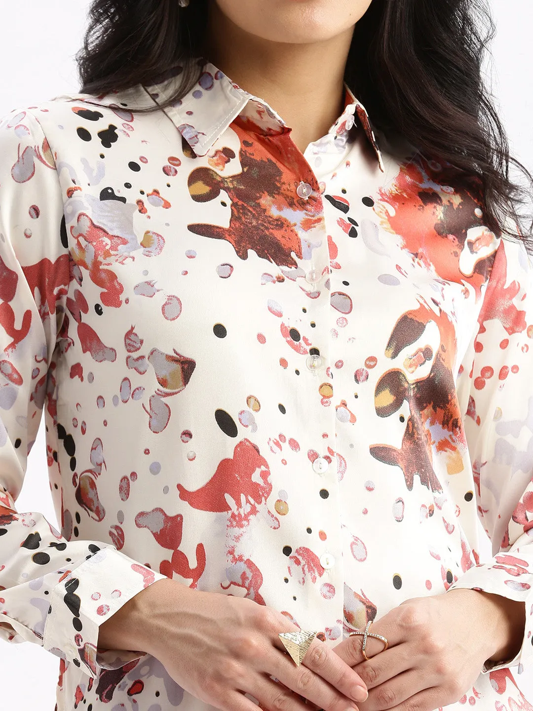 Women Abstract Cream Slim Fit Shirt