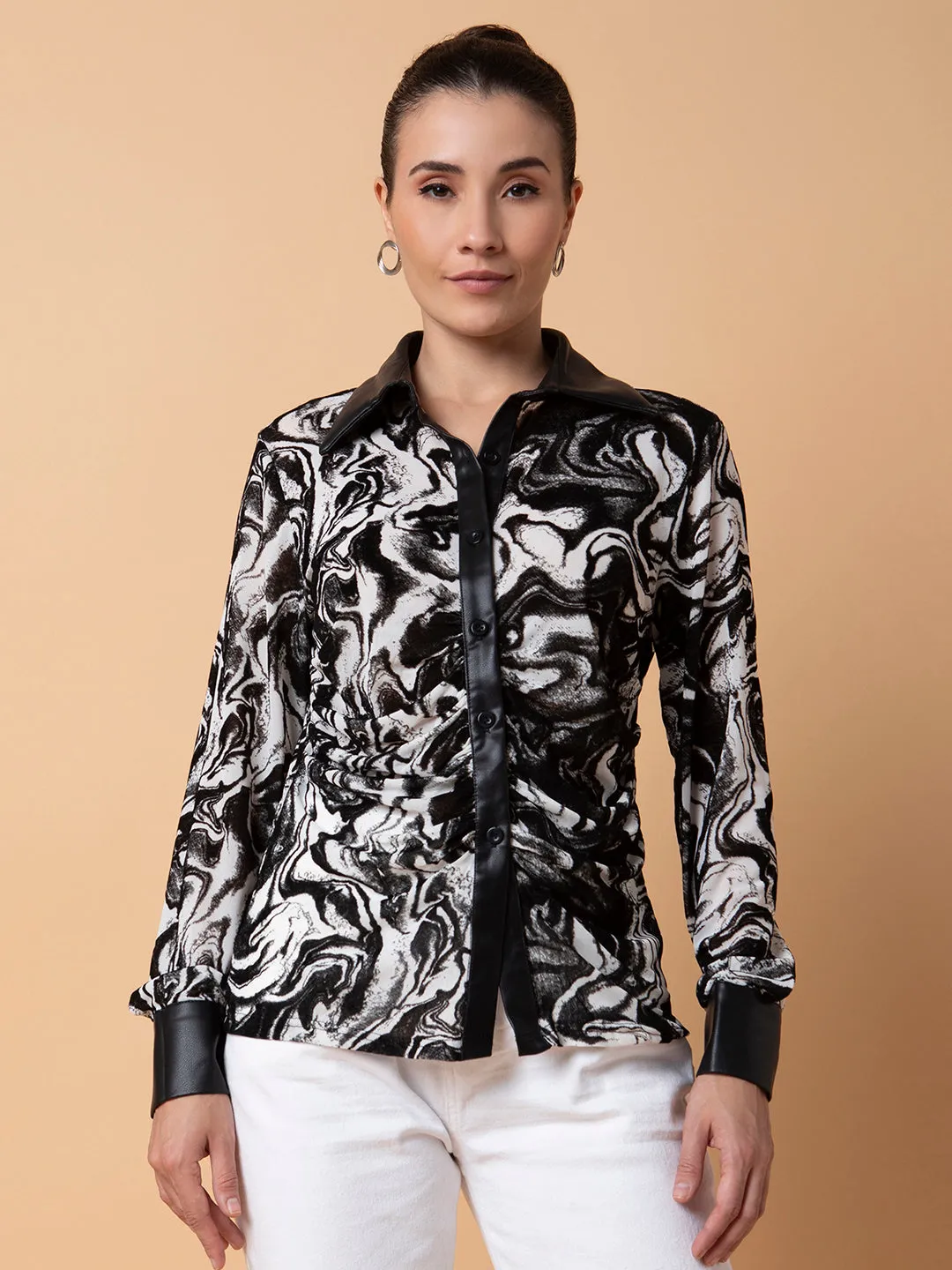 Women Abstract White Slim Fit Shirt