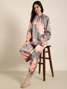 Women Oversized Grey Printed Top & Trousers Set