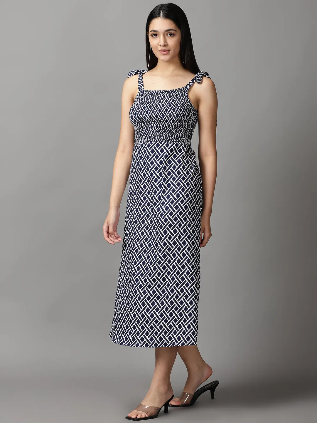 Women's Navy Blue Printed Fit and Flare Dress