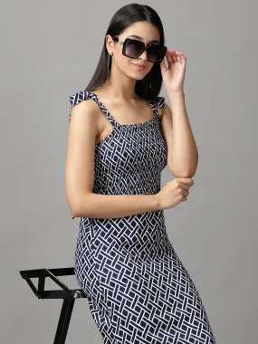 Women's Navy Blue Printed Fit and Flare Dress