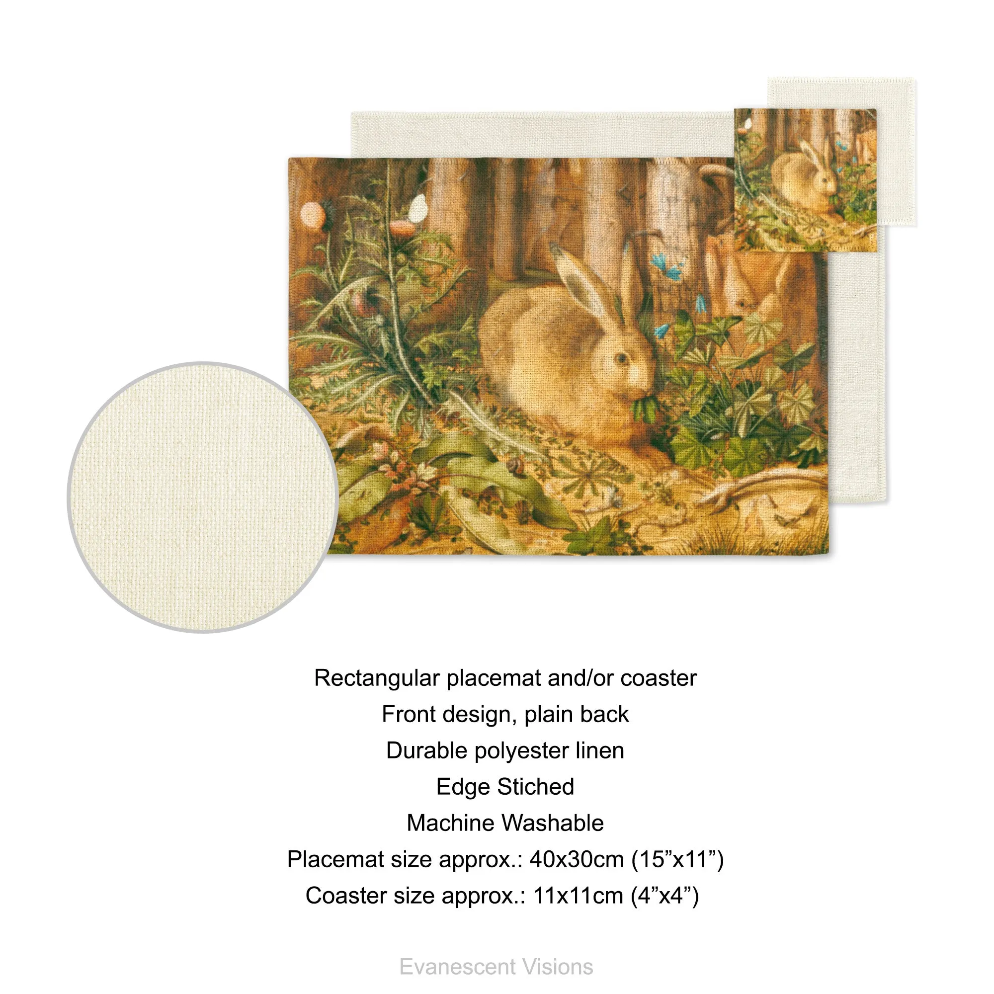 Woodland Hare Nature Fabric Placemat and Coasters