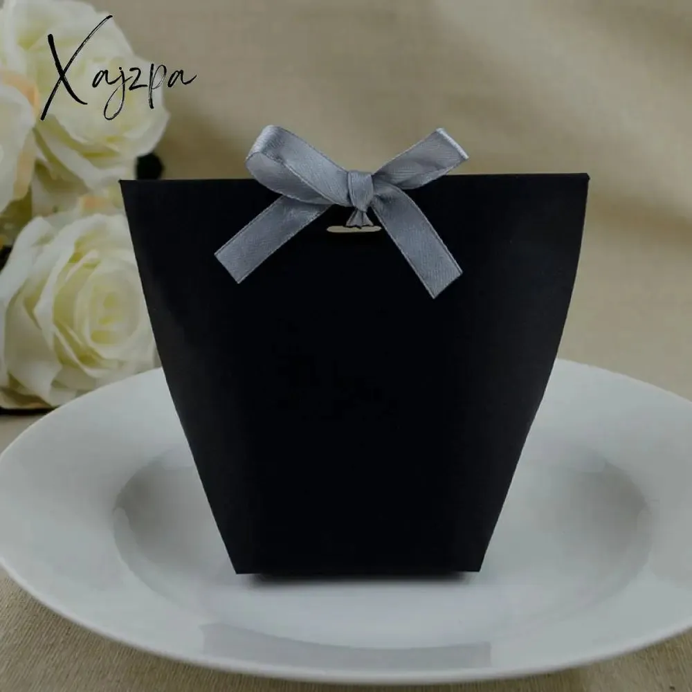 Xajzpa - Wedding Welcome Bags 25/50pcs Blank Kraft Paper Bag White Black Candy Bag Wedding Favor Gift Box Package Birthday Party Decoration Bag With Ribbon