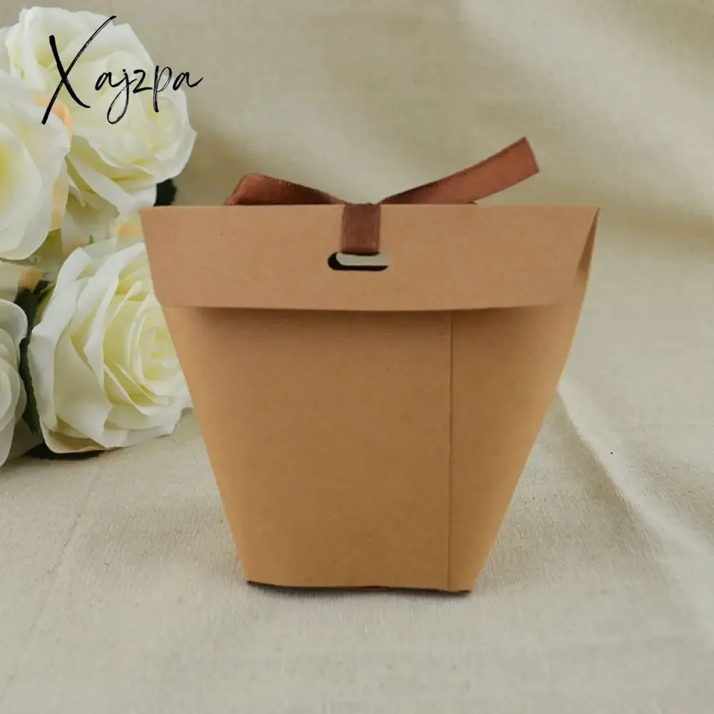 Xajzpa - Wedding Welcome Bags 25/50pcs Blank Kraft Paper Bag White Black Candy Bag Wedding Favor Gift Box Package Birthday Party Decoration Bag With Ribbon